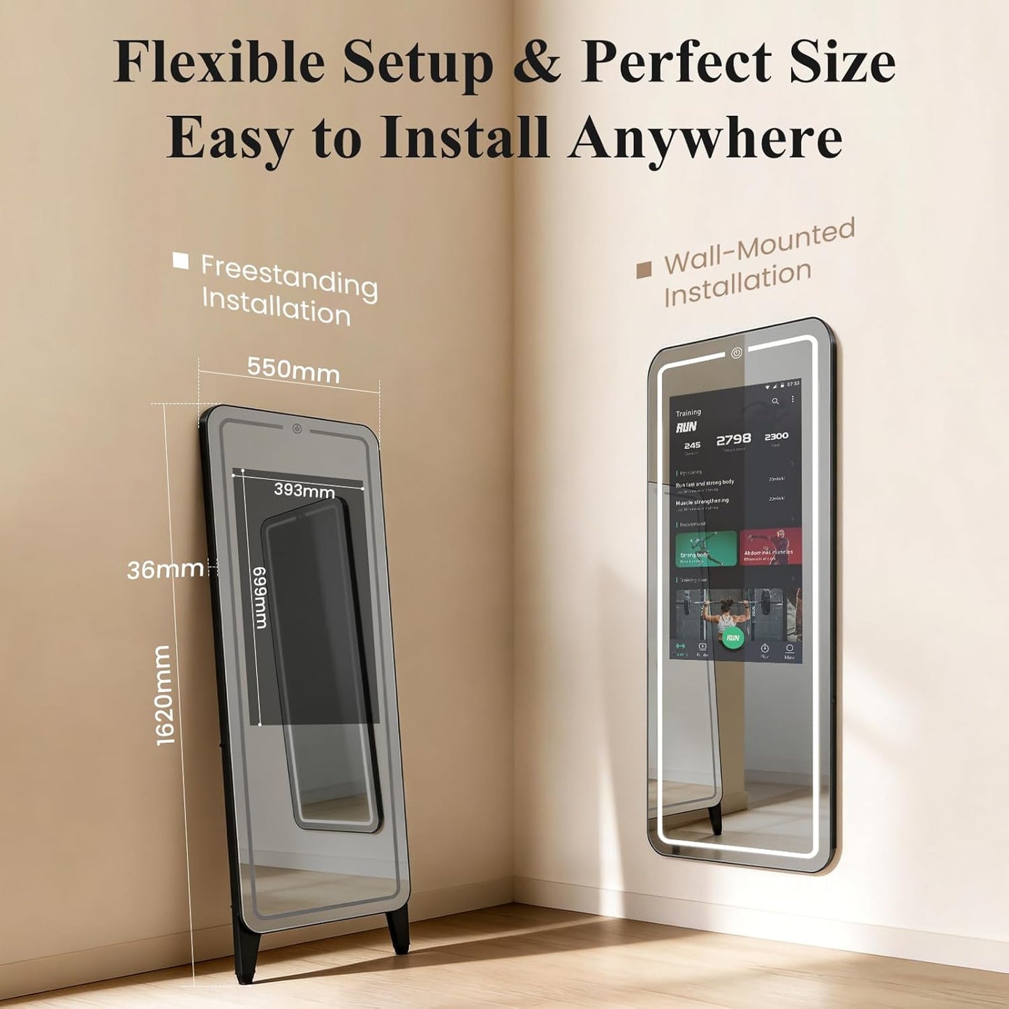 Smart Fitness Mirror for Home Gym Workout, 32" Touchscreen & Open System, No Subscription Fees, Support Fitness Apps, Wall Mount & Free Standing, Can Be Used with Home Workout Equipment