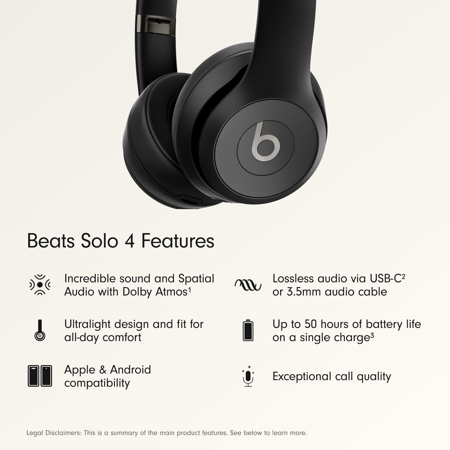 Solo 4 Wireless On-Ear Bluetooth Headphones with Up to 50-Hour Battery Life, Ultra-Lightweight Design, and Enhanced Sound Quality, Compatible with Apple and Android - Matte Black