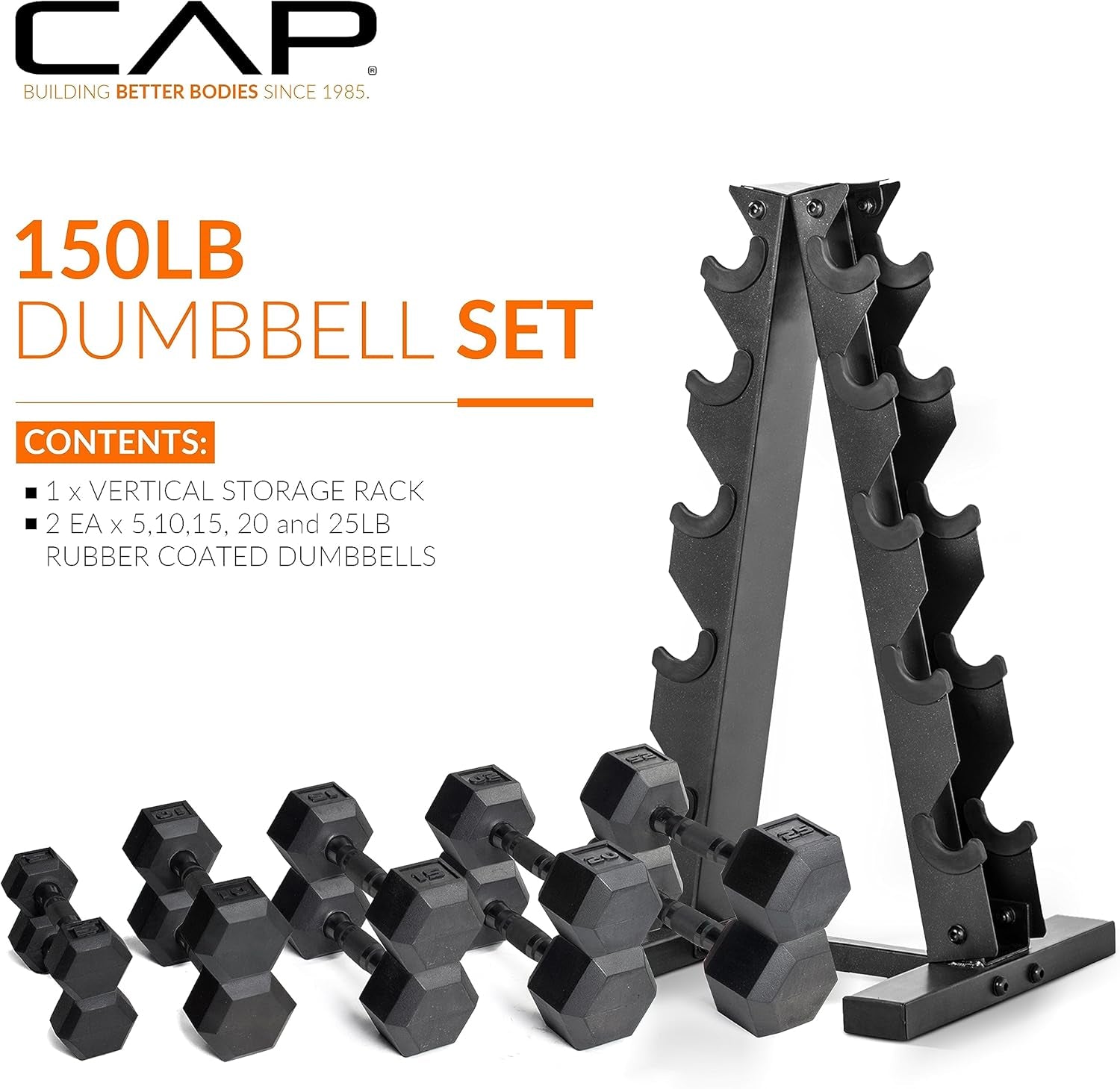 Rubber Coated Hex Dumbbell Set with Storage Rack | 100–210 Lb Options, Space-Saving Vertical Compact Storage for Home Gym Strength Training