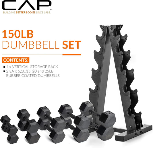 Rubber Coated Hex Dumbbell Set with Storage Rack | 100–210 Lb Options, Space-Saving Vertical Compact Storage for Home Gym Strength Training