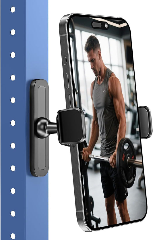 Magnetic Phone Holder for Gym, Alloy Base and Joint for Strong Hold, 360° Adjustable, Compatible with 4.7-6.5 Inch Iphone & Android Phones, Secure Workout Equipment Accessory for Men Women