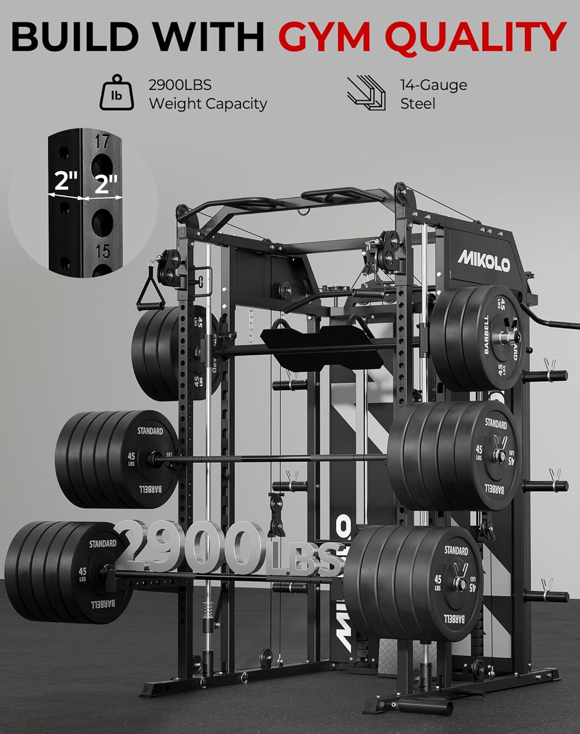 Smith Machine with Weight Stack, Power Cage Home Gym System with LAT Pulldown & Cable Crossover, Multi-Functional Trainer with Dual Pulley System, Includes 10+ Free Attachments
