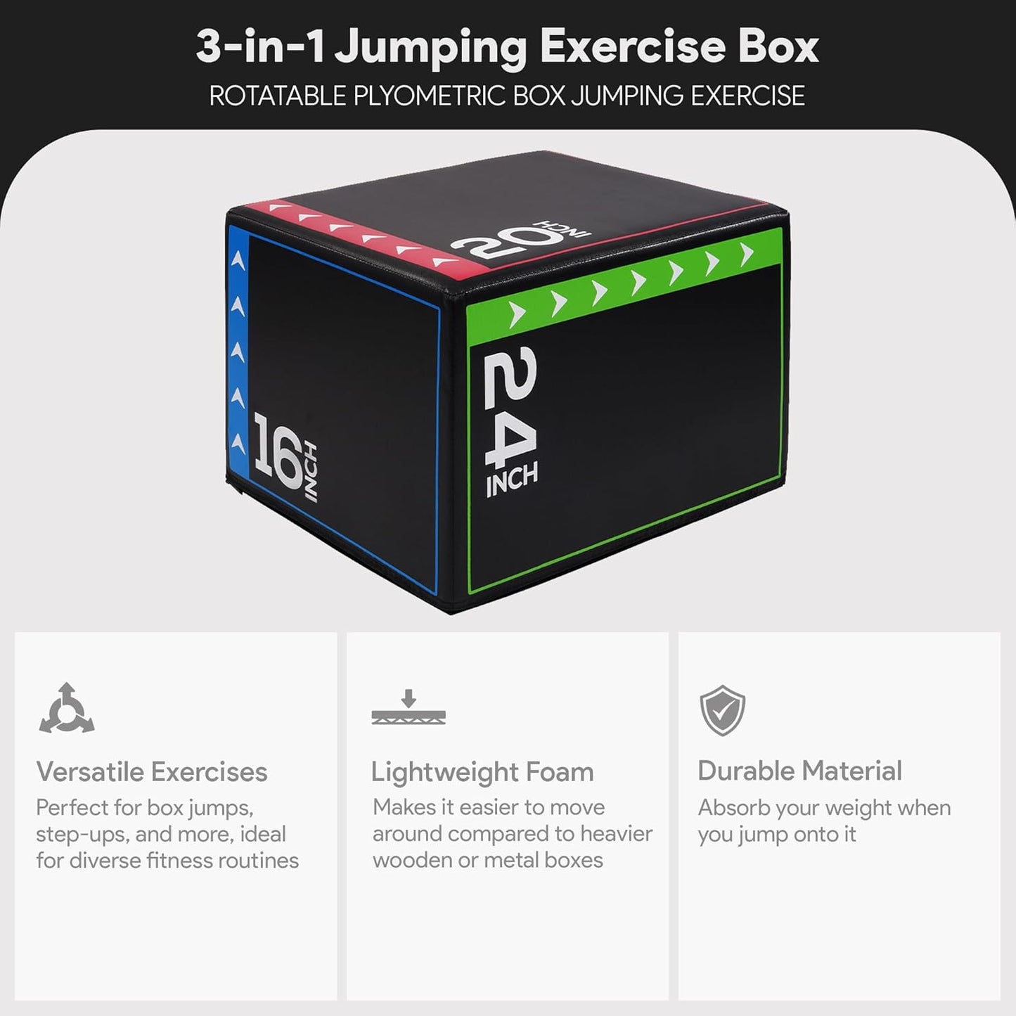 3-In-1 Foam Plyometric Jump Box for Home Gym with Multiple Height Options – Versatile Plyo with Non-Slip Surface for Strength, HIIT, Step-Ups, and Agility Training
