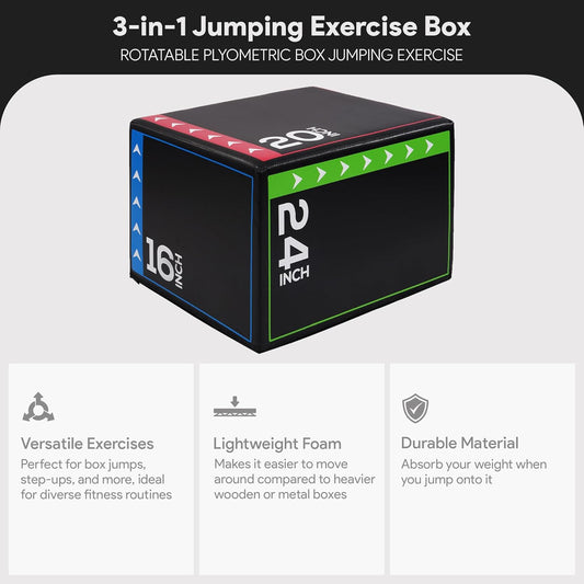 3-In-1 Foam Plyometric Jump Box for Home Gym with Multiple Height Options – Versatile Plyo with Non-Slip Surface for Strength, HIIT, Step-Ups, and Agility Training