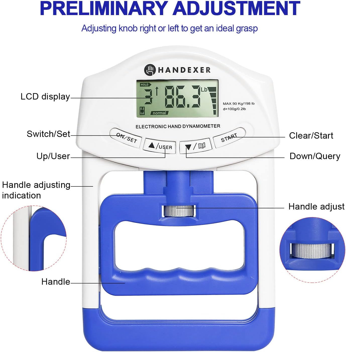 Grip Strength Tester 265Lb/120Kg, Digital Hand Dynamometer FDA Registered with Backlit LCD for Grip Strength Testing and Training
