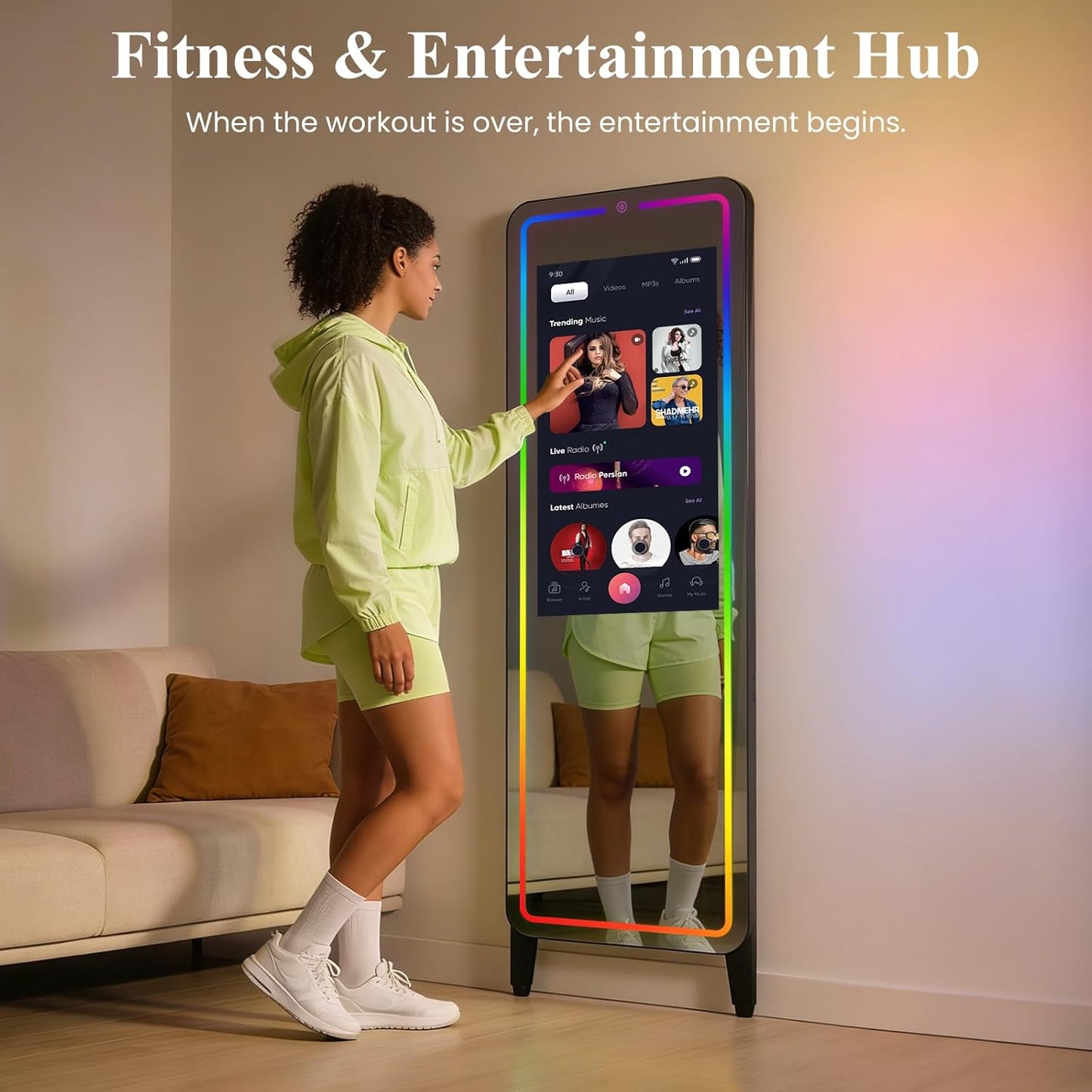 Smart Fitness Mirror for Home Gym Workout, 32" Touchscreen & Open System, No Subscription Fees, Support Fitness Apps, Wall Mount & Free Standing, Can Be Used with Home Workout Equipment