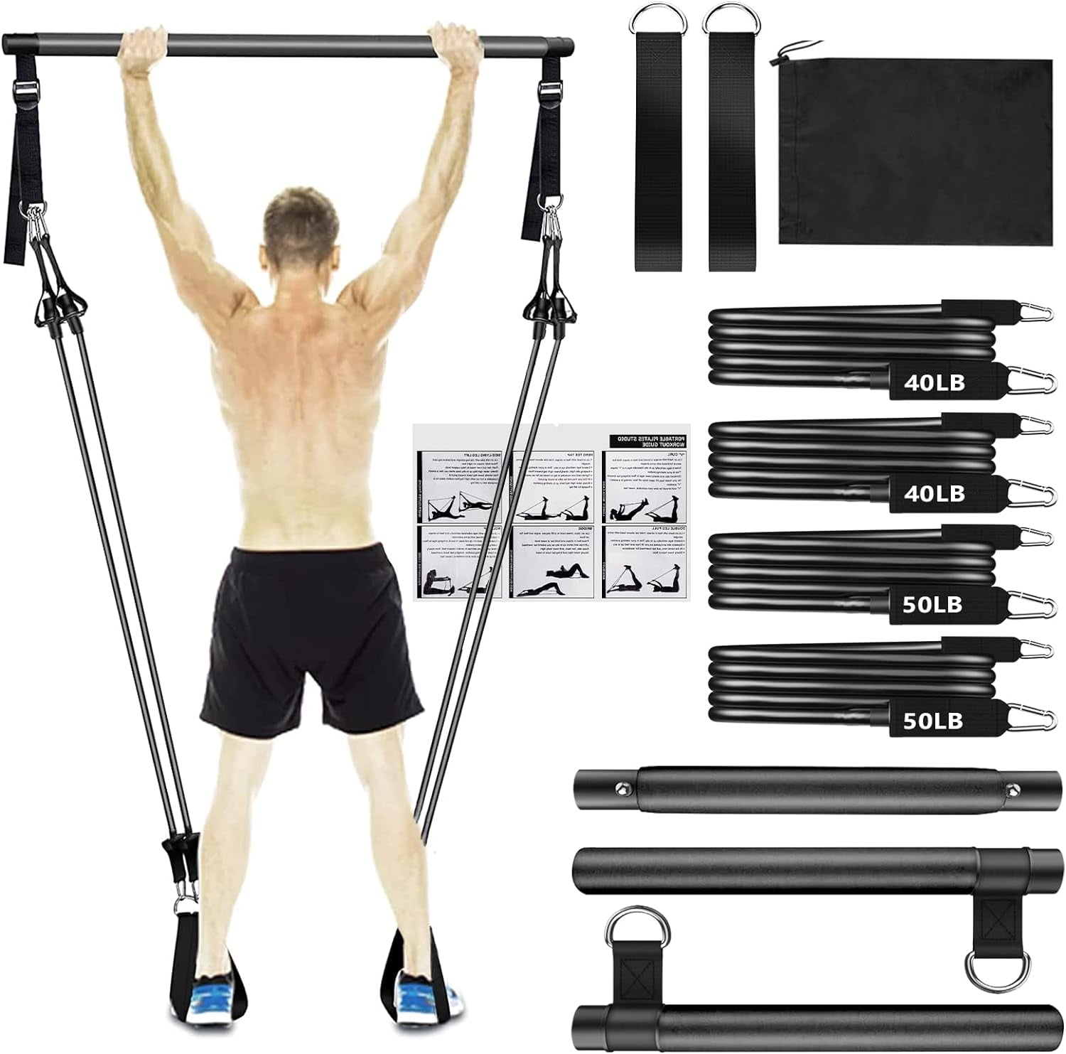 Pilates Bar Kit with Resistance Bands — 3‑Section Adjustable Bar, 40 lb and 50 lb Options