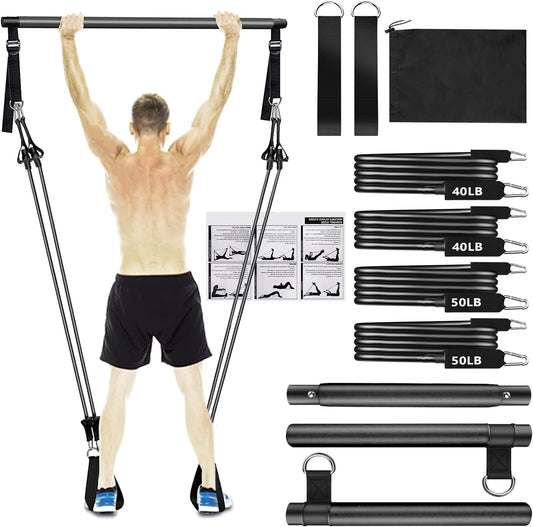 Pilates Bar Kit with Resistance Bands — 3‑Section Adjustable Bar, 40 lb and 50 lb Options