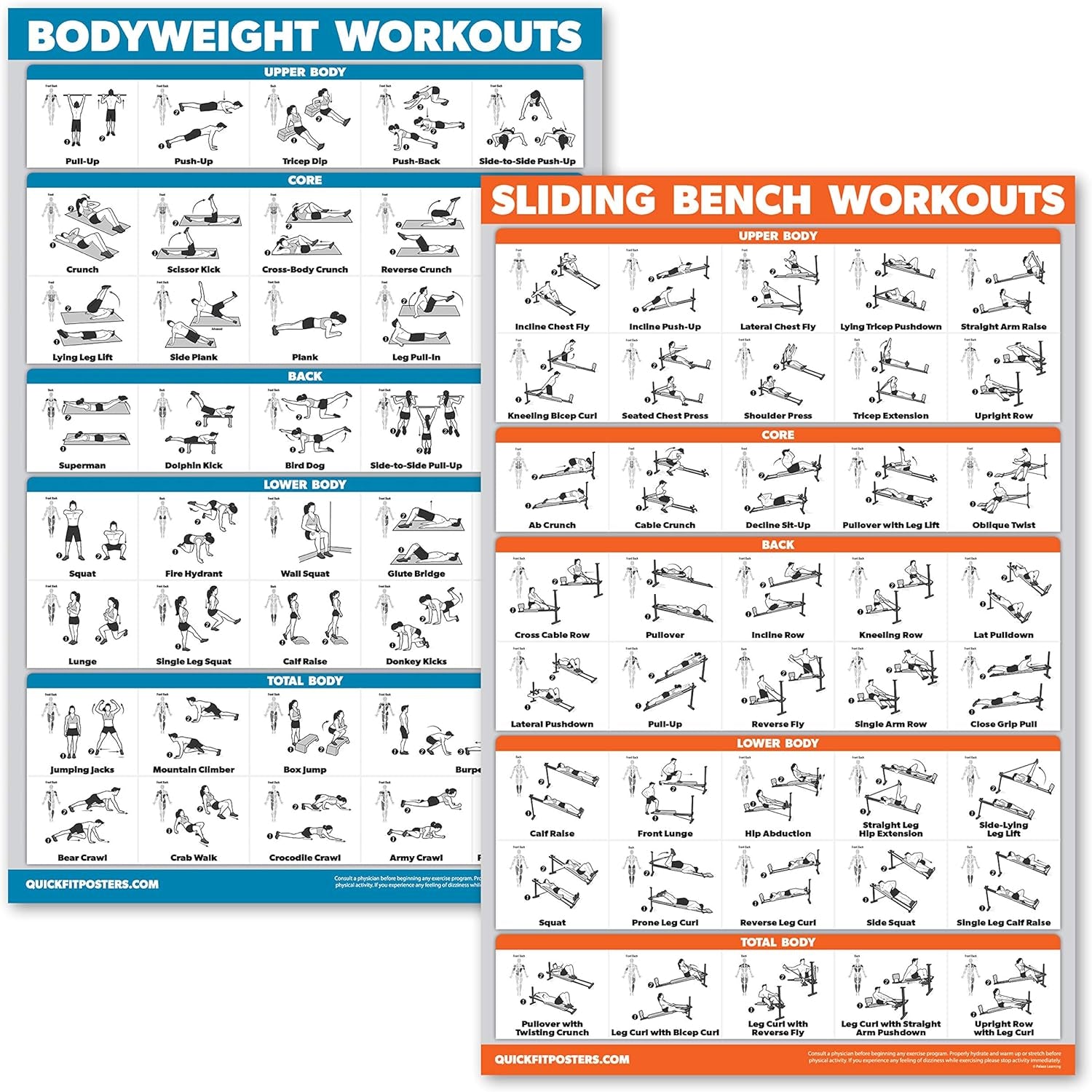 Quickfit 2 Pack - Sliding Bench Workouts & Bodyweight Exercise Poster Set - Compatible with Total Gym & Weider Ultimate Body Works (Laminated, 18" X 24")