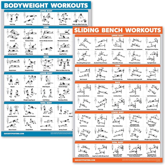 Quickfit 2 Pack - Sliding Bench Workouts & Bodyweight Exercise Poster Set - Compatible with Total Gym & Weider Ultimate Body Works (Laminated, 18" X 24")
