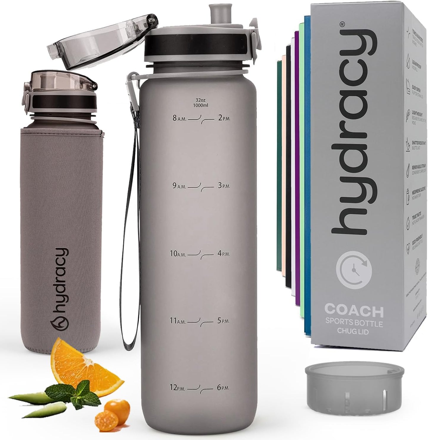 Water Bottle with Time Marker -Large BPA Free Water Bottle & No Sweat Sleeve -Leak Proof Gym Bottle with Times to Drink - Ideal for Fitness Sports & Outdoors