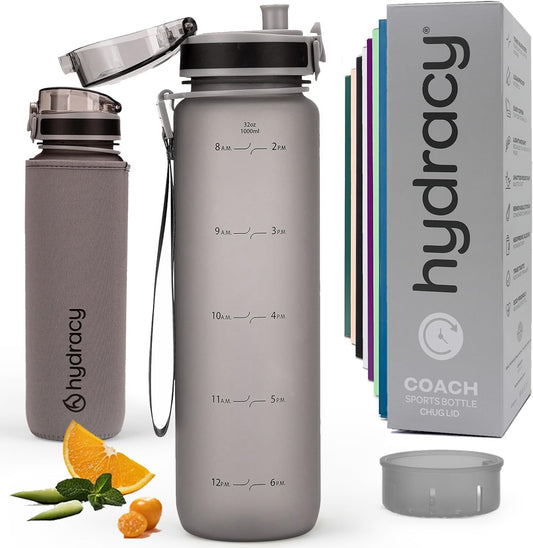 Water Bottle with Time Marker -Large BPA Free Water Bottle & No Sweat Sleeve -Leak Proof Gym Bottle with Times to Drink - Ideal for Fitness Sports & Outdoors