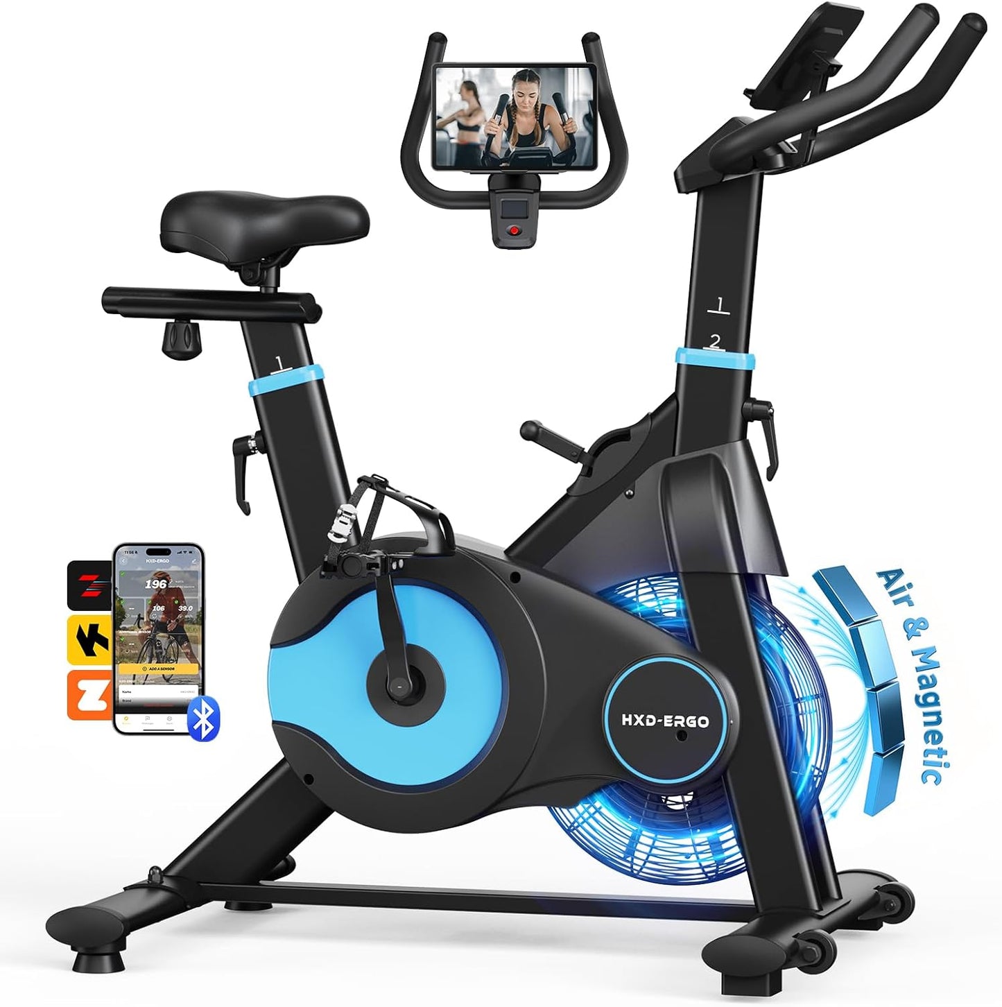 Exercise Bike, Magnetic & Air Resistance Indoor Bike, Stationary Bike for Home with Silent Belt Drive, Adjustable Resistance, App Compatible Cycling Bike with LCD Monitor, 350Lbs Capacity Workout Bike