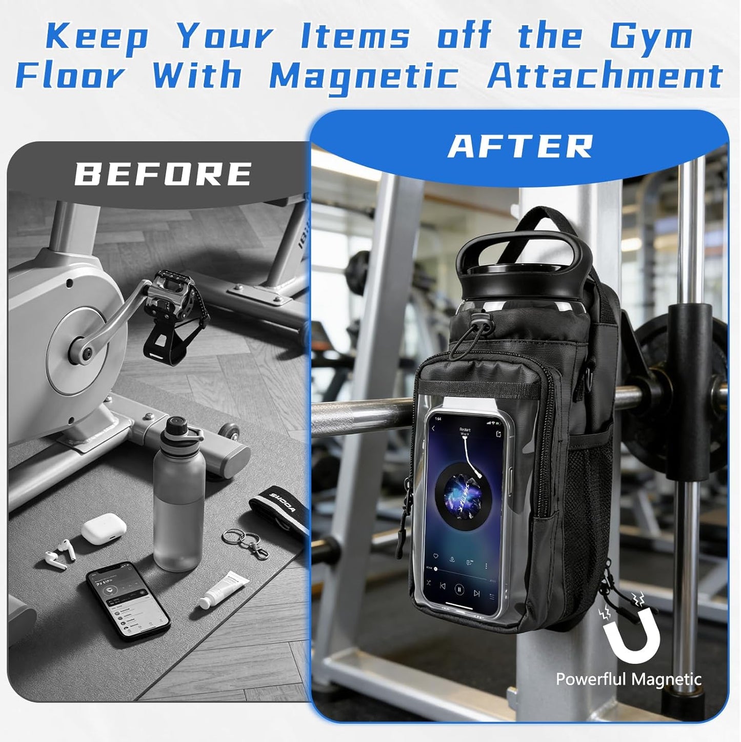 Magnetic Gym Bag, Magnetic Gym Water Bottle Bag with Strap 4 Strong Magnets, Upgraded Clear Design Phone Bag, Gym Gifts for Men & Women Gym Accessories (Black)