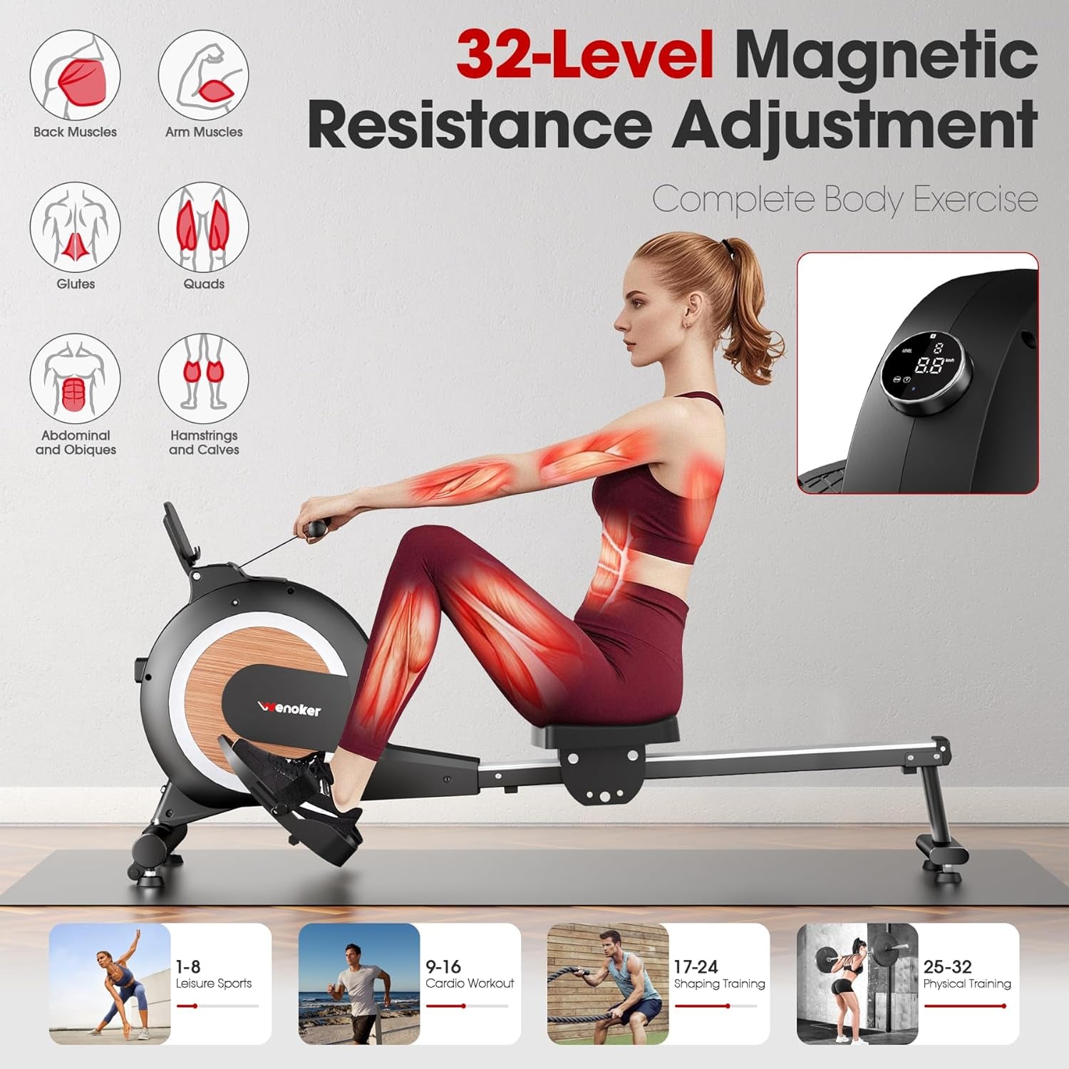 Rowing Machine, Magnetic Rowing Machine for Home, Upgraded 32-Levels Quiet Resistance with Smart Electronic Knob, 350 LBS Weight Capacity, Compact Rower Machine Easy Assembly, App Supported