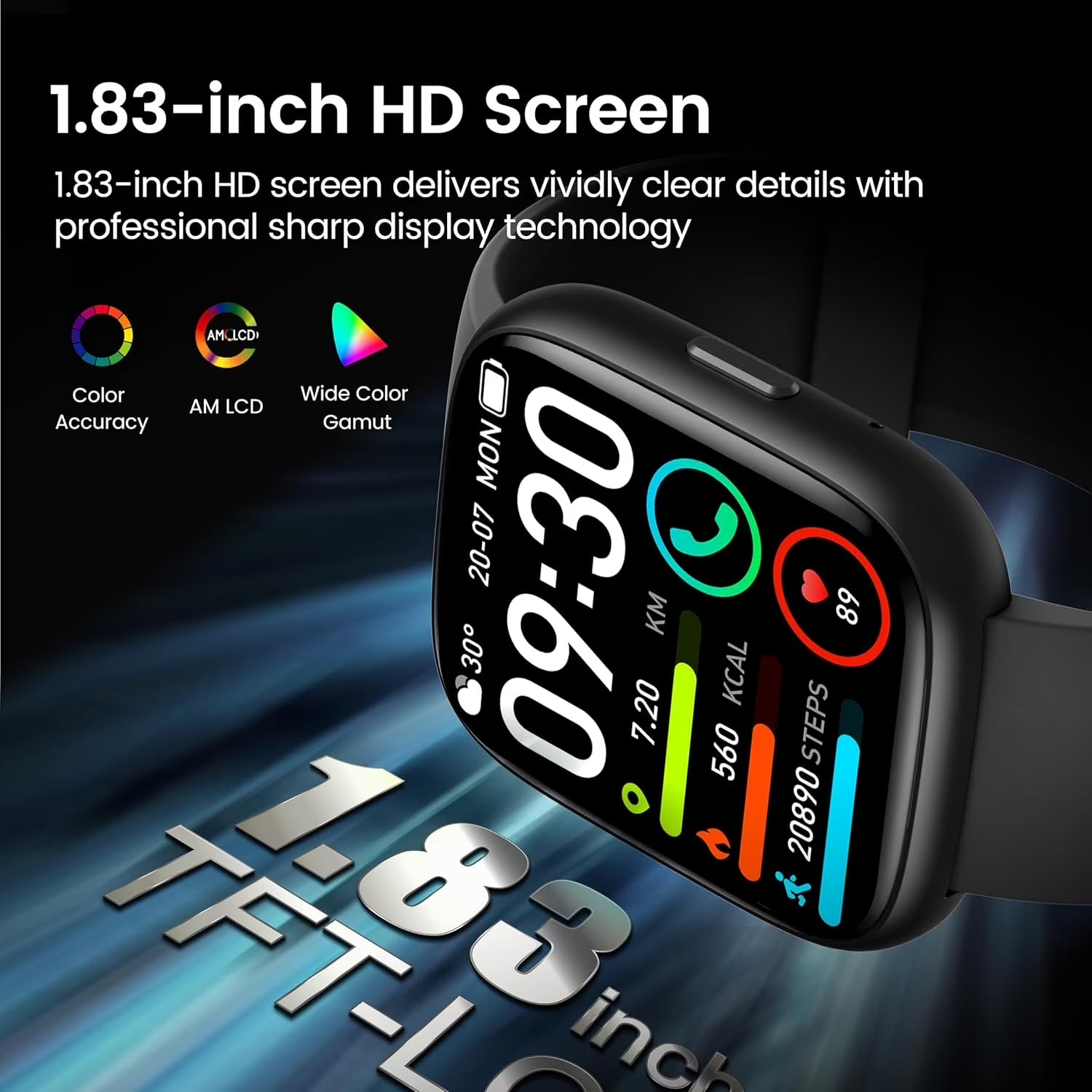 Smart Watch with Alexa Built‑In, 1.83” HD Display, Bluetooth Call, Fitness Tracker with 120+ Sports Modes, IP68 Waterproof Activity Watch for Android & iPhone – Black