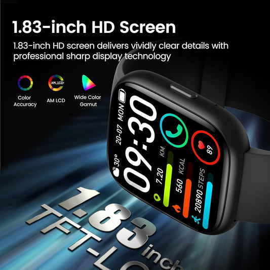 Smart Watch with Alexa Built‑In, 1.83” HD Display, Bluetooth Call, Fitness Tracker with 120+ Sports Modes, IP68 Waterproof Activity Watch for Android & iPhone – Black