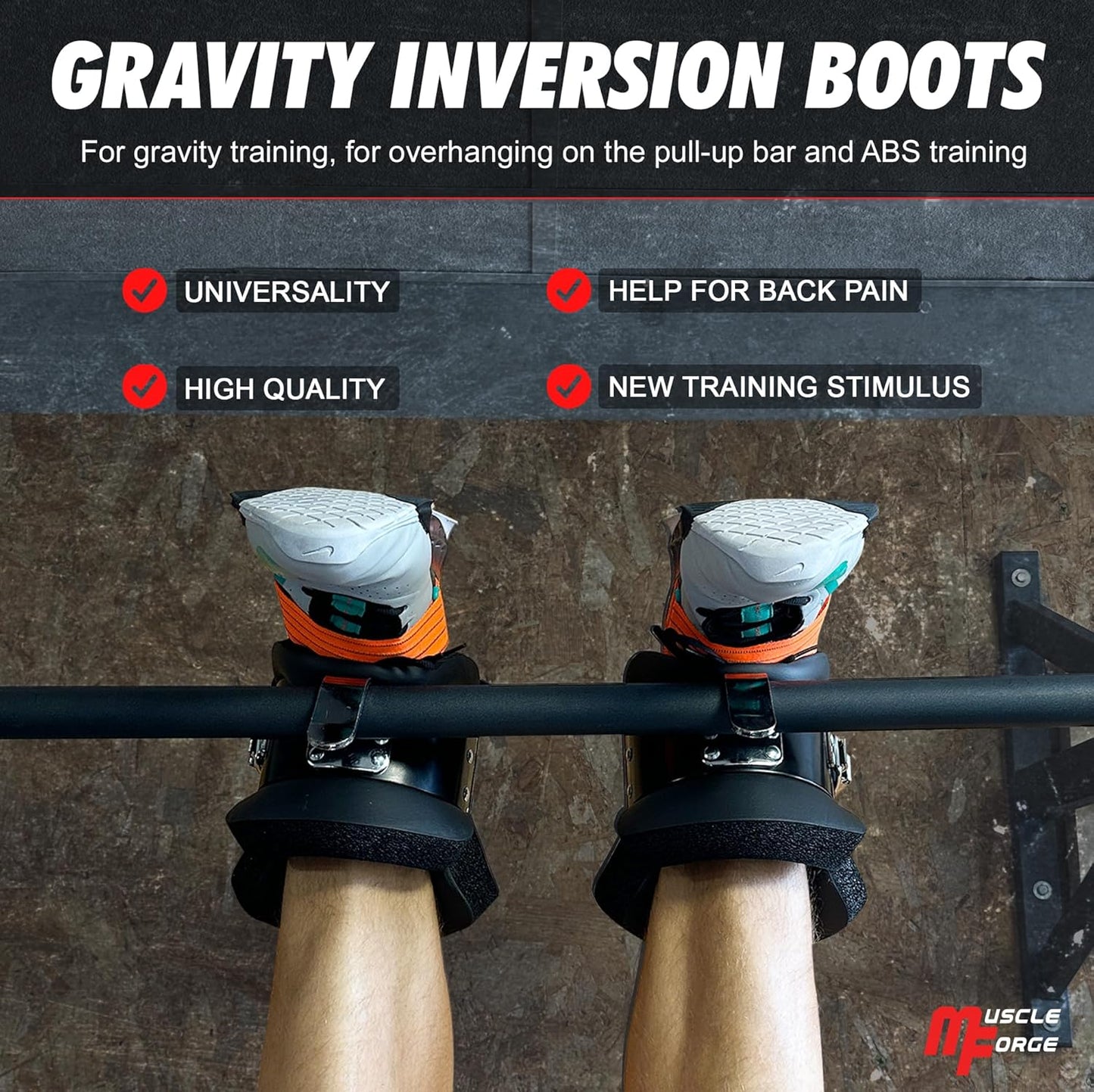 Transform Your Workout with MuscleForge Inversion Boots – Ultimate Back Pain Relief and Core Strengthening with Safety Lock and Comfort Padding