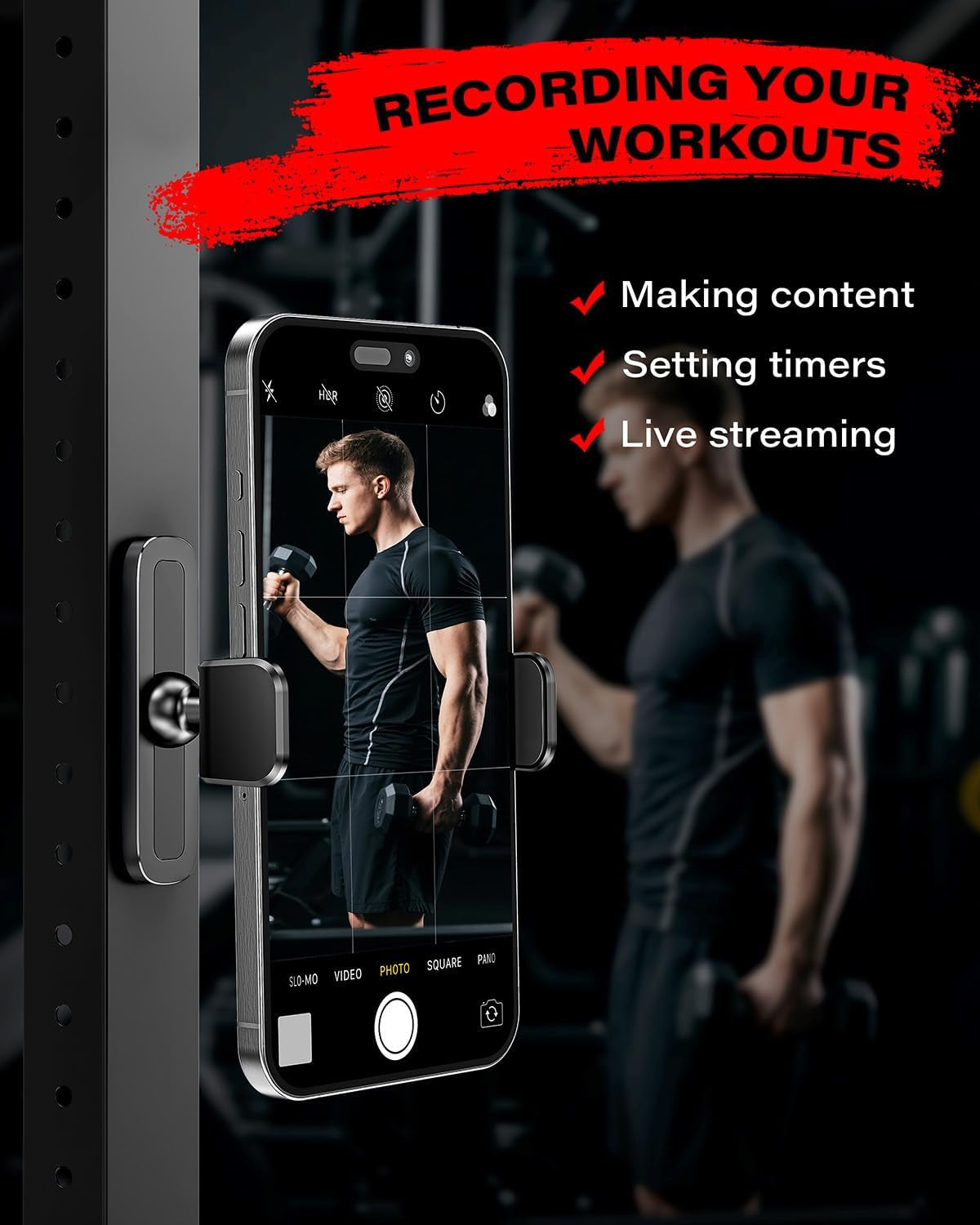 Magnetic Phone Holder for Gym, Alloy Base and Joint for Strong Hold, 360° Adjustable, Compatible with 4.7-6.5 Inch Iphone & Android Phones, Secure Workout Equipment Accessory for Men Women