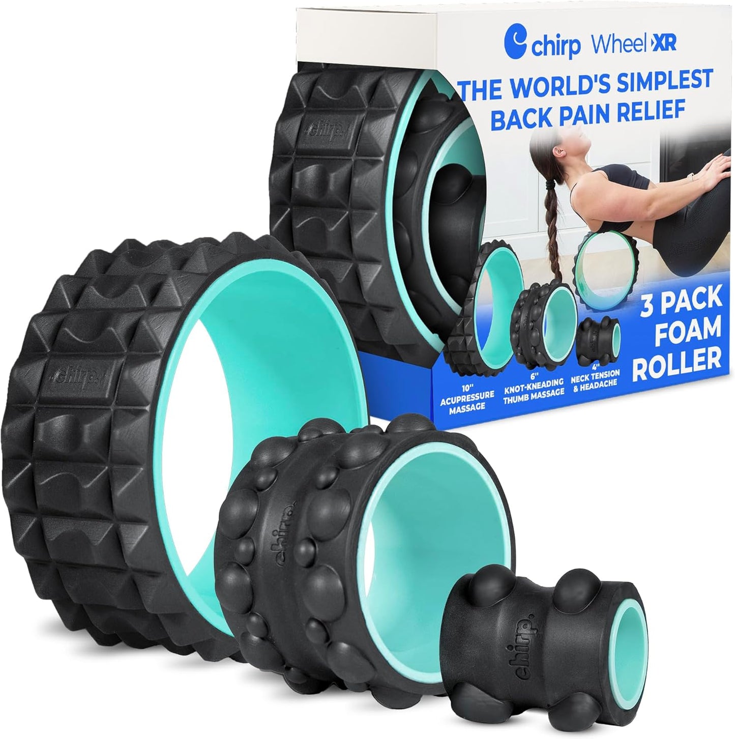 Wheel XR 3P Massage Roller Set - 10” Acupressure, 6” Knot-Kneading Thumb, 4” Neck & Headache Tension Relief, High Density Foam Massage Rollers for Back & Neck Pain, 500Lbs Capacity, Mint