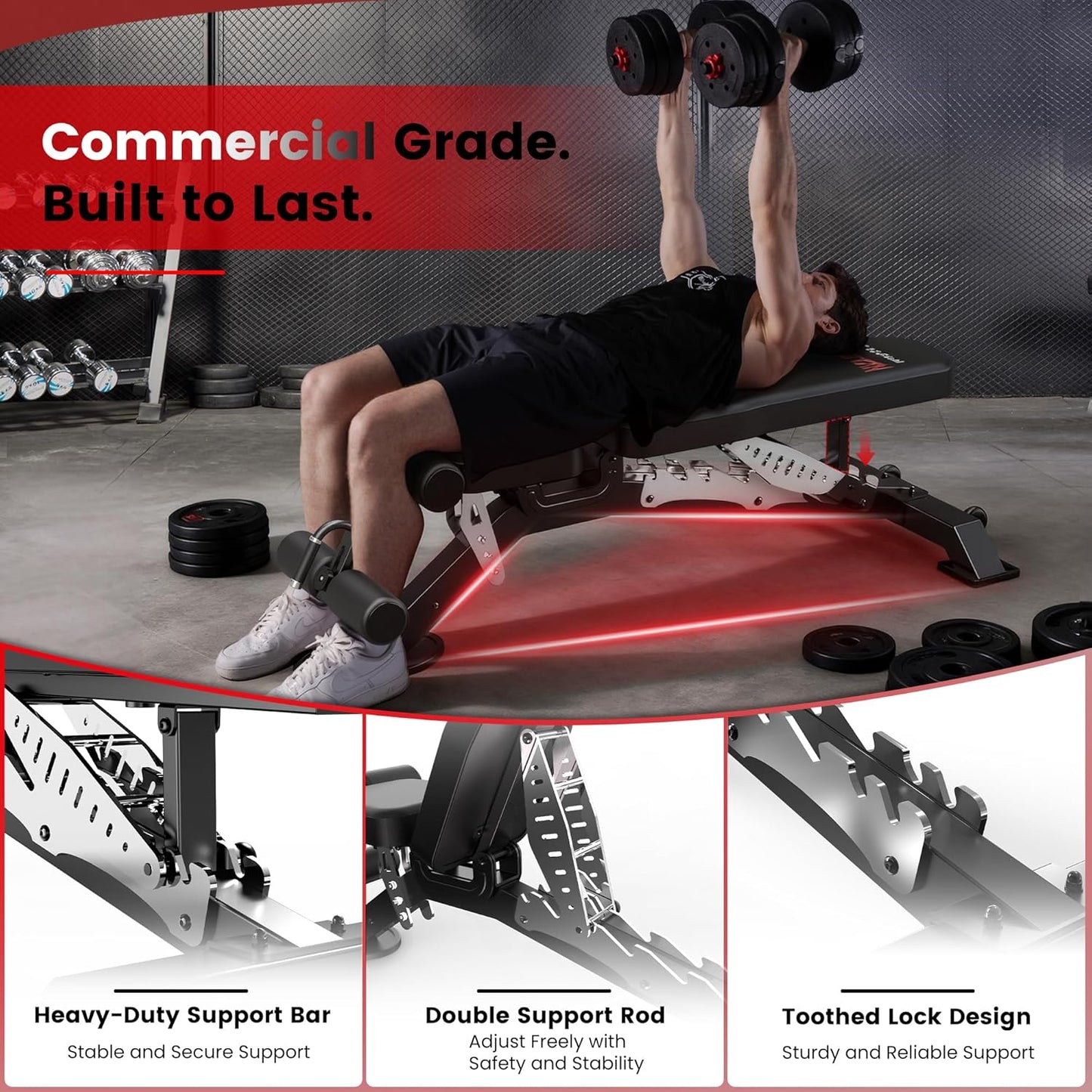 Commercial Adjustable Weight Bench, 1800LBS Heavy Duty Workout Bench for Home Gym Strength Training, Removable Leg Holder for Flat/Incline/Decline Sit up & Full Body Workout