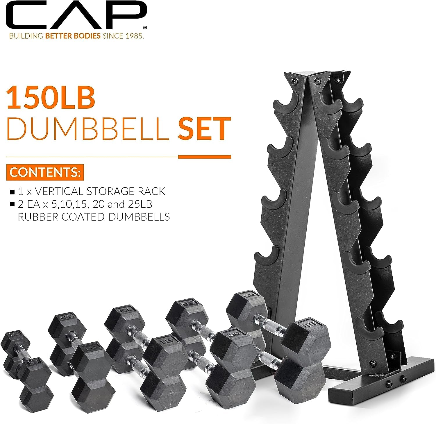 Barbell Rubber Coated Hex Dumbbell Set with Storage Rack | 100–210 Lb Options, Space-Saving Vertical Compact Storage for Home Gym Strength Training