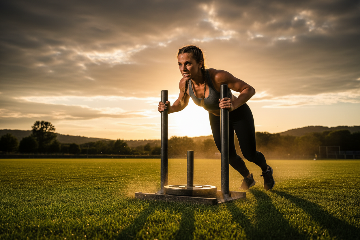  Woman pushing Steel Power Weight Sled during workout